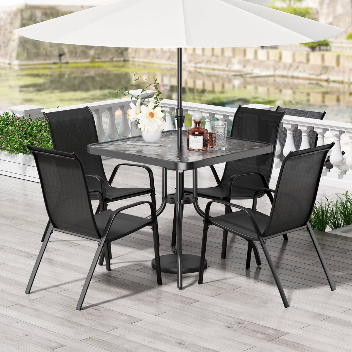 Pirecart 5-Piece Outdoor Patio Dining Table Set with 4 Stackable Textilene Chairs for for Patio, Lawn, Garden, Gray