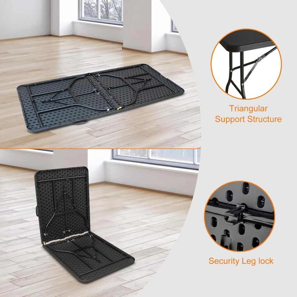 Folding Table with Carry Handle, Portable Fold-in-Half Plastic Table, Rectangle Foldable Table for Indoor