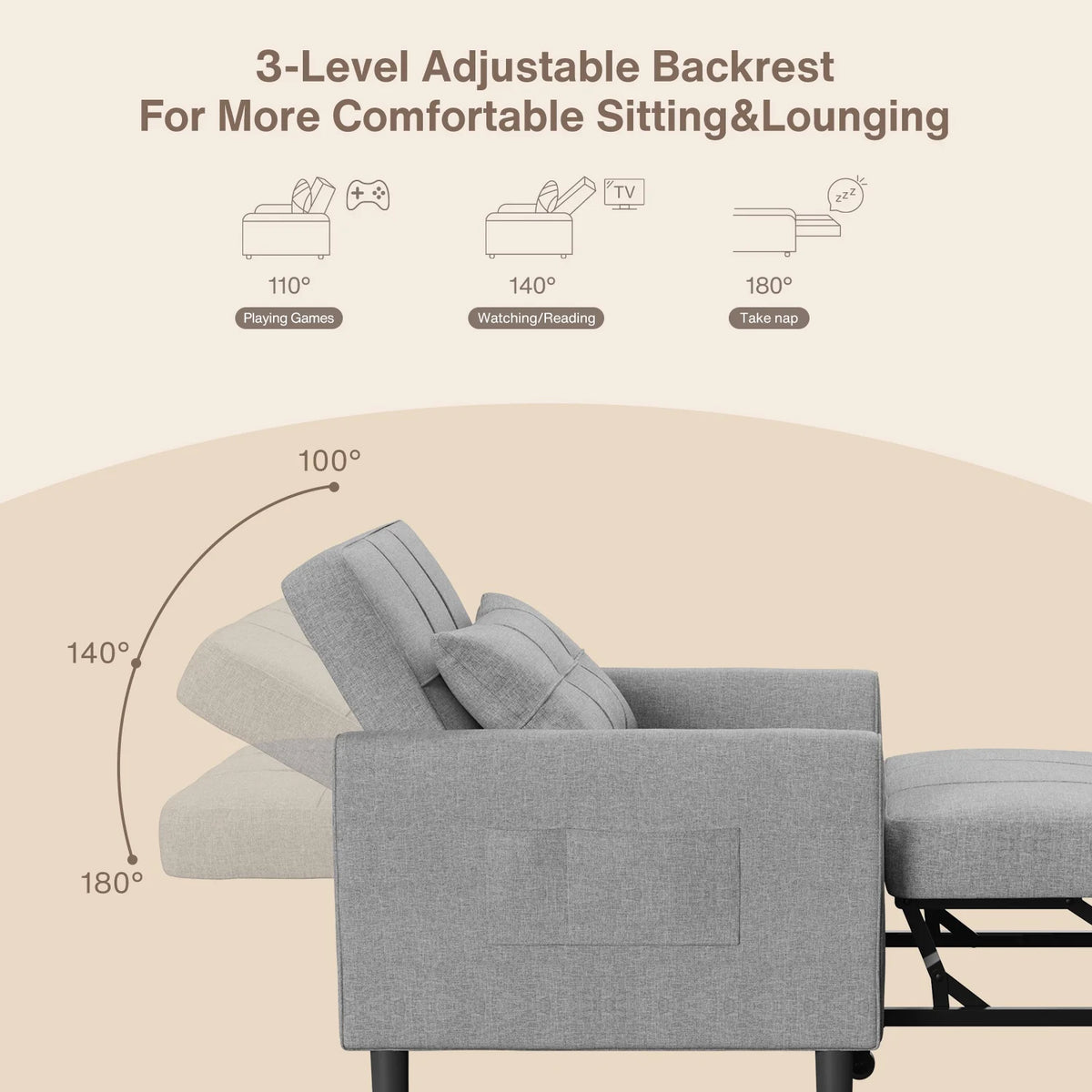 Sofa Bed, Lofka 3-in-1 Convertible Sleeper Sofa with Storage, Adjustable Backrest & Pull Out Function - Sleeper Chair for Small Space, Apartment, Dark Grey