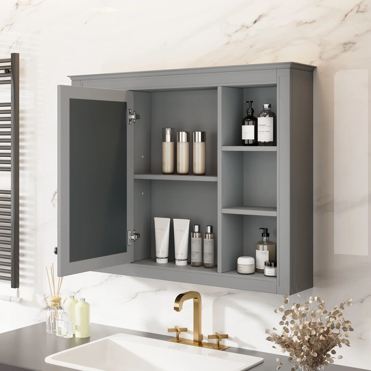 Furvclv Bathroom Wall Mirror Cabinet Modern Wall Mounted Cabinet Storage Organizer With Single Mirror Door 6 Open Shelves