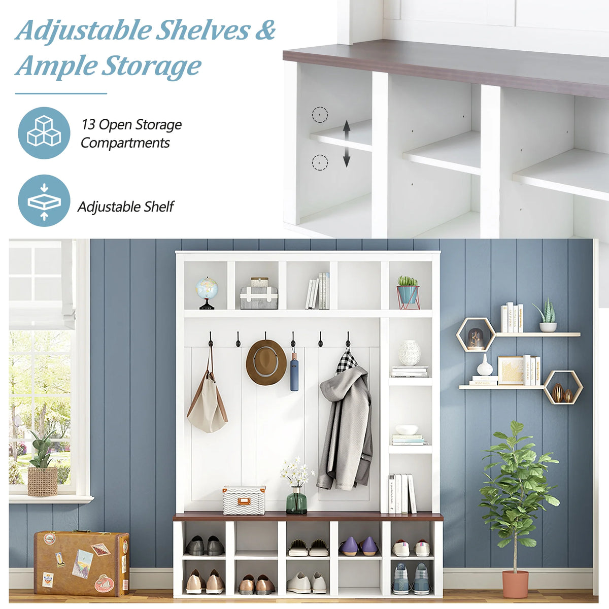 Euroco Farmhouse Wooden Style Hall Tree with 6 Hooks, Walnut Storage Bench, Adjustable Shelves, and 4-in-1 Entryway Shoe Cabinet with 13 Cubbies