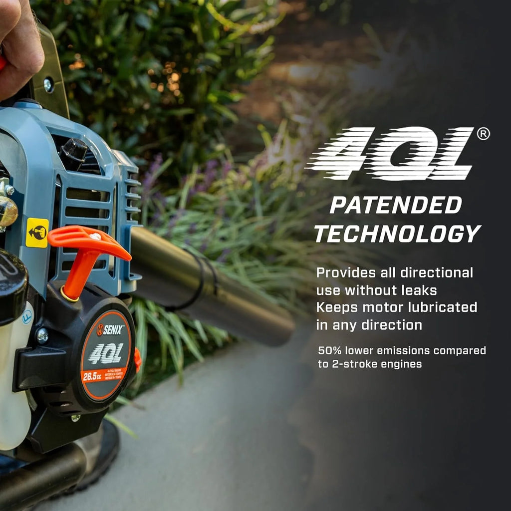 SENIX 4QL 26.5cc 4-Cycle Gas Powered Leaf Blower, 410 CFM/125 MPH, Dual-Grip Handle, Lightweight, BL4QL-L