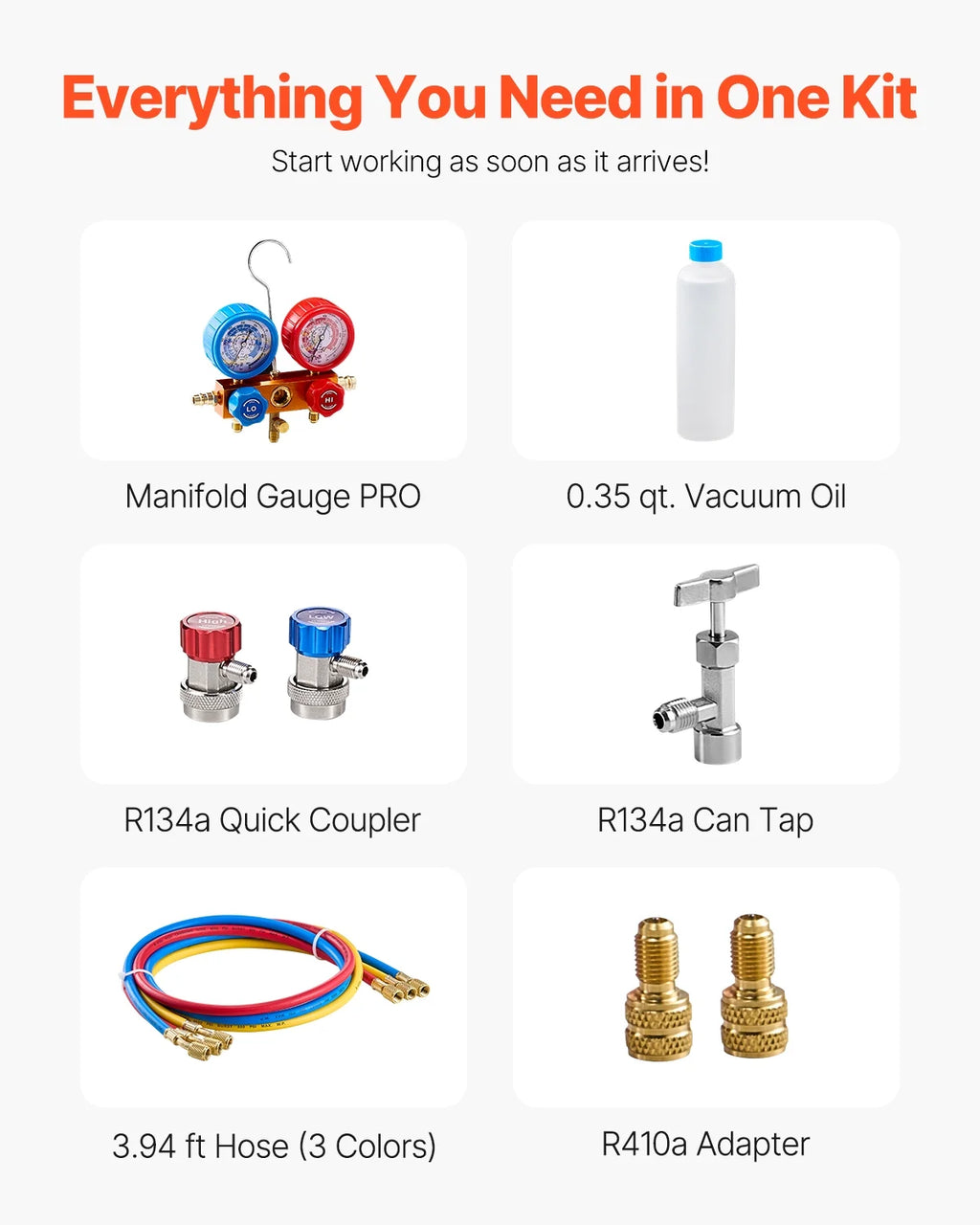 VEVOR 3.5 CFM AC Vacuum Pump and Gauge Set,Single Stage Rotary Vane HVAC Air Vacuum Pump,A/C&nbsp;Refrigerant&nbsp;Manifold Gauge Kit, with Hoses,for R134a,R12,R22,R502a,R410A,R404,R407C Refrigerants