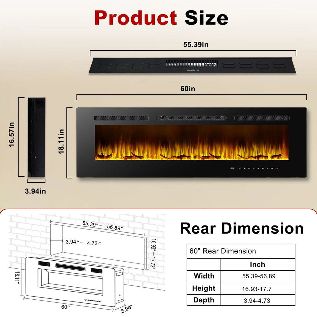 60" Electric Fireplace, Ultra-thin Recessed and Wall Mounted Fireplace, Linear Fireplace with Timer Remote Control Adjustable Flame Color 750w/1500w Black
