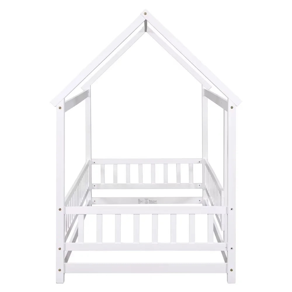 Twin Size House Bed for Boys and Girl, Wooden Canopy Bed Tent Bed, Playhouse Design Bed Frame with Full-lenth Guardrail, Bedroom Furniture, 79.5��L x 44.8��W x 66.2��H, White