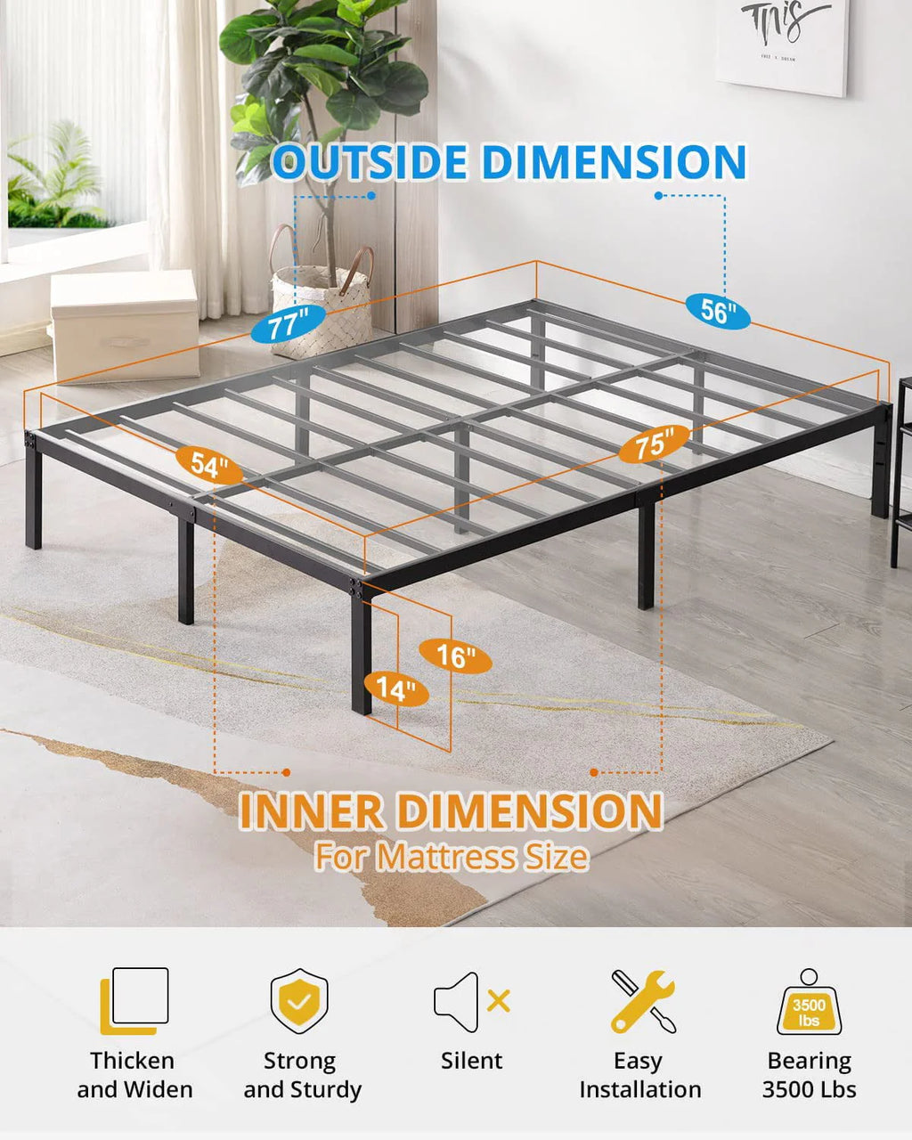 Tatago 16 inch Heavy Duty Full Bed Frame with Storage, 3500 lbs Max Weight Capacity Metal Platform, No Box Spring Needed