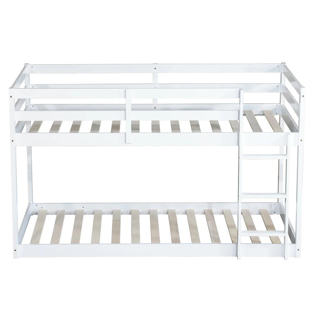 Twin Over Twin Floor Bunk Bed, UHOMEPRO Solid Wood Low Bunk Bed with Safety Rail, Ladder, Heavy Duty Bunk Beds, Space-Saving Bedroom Dorm Furniture, Gray