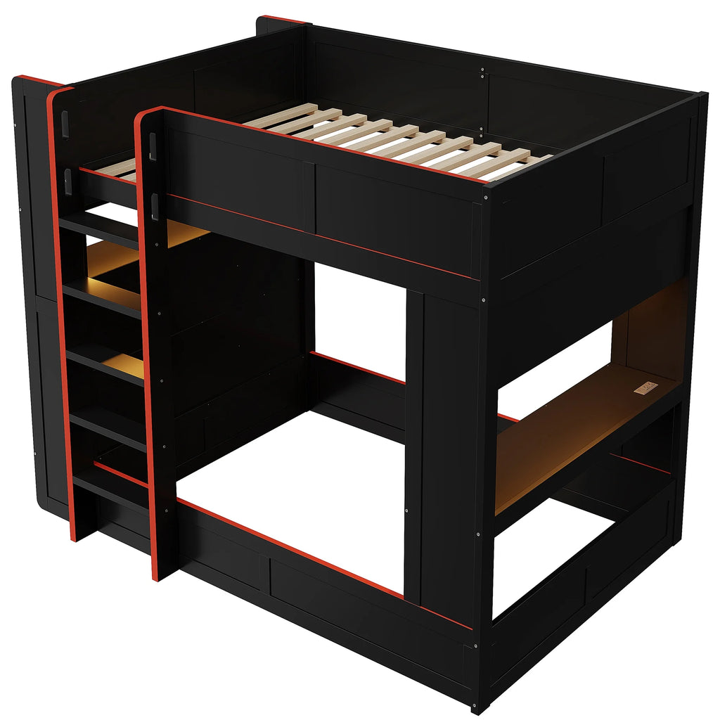 Euroco Wood Full Size Loft Bed with Desk and Shelves, Gaming Bunk Bed with LED Light and USB Charging, Black