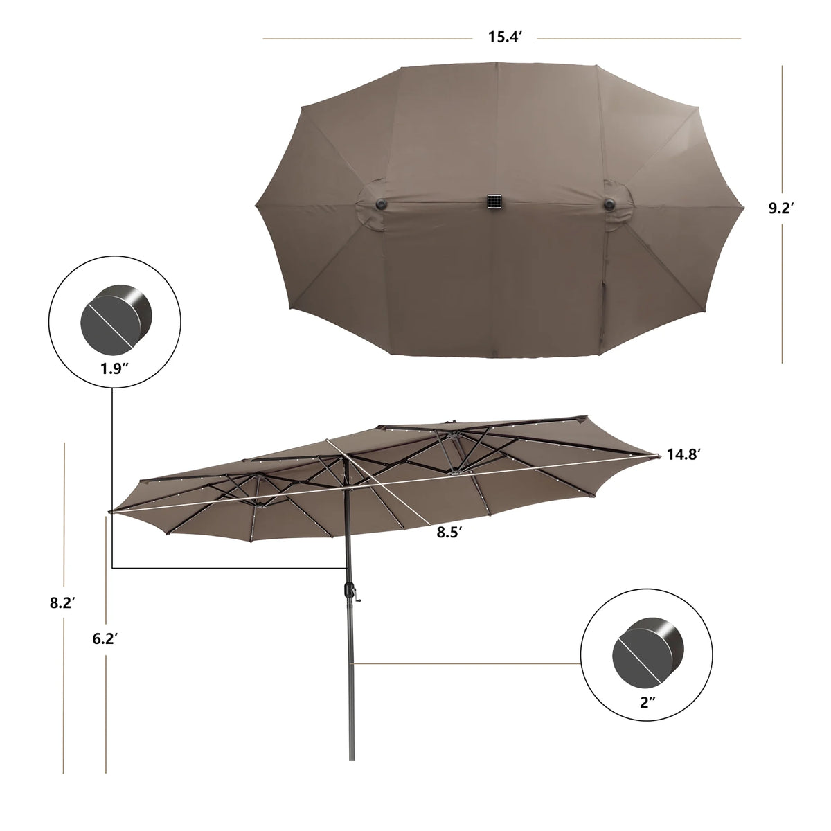 Costway 15FT Twin Patio Double-Sided Umbrella 48 Solar LED Lights Crank Outdoor Beige