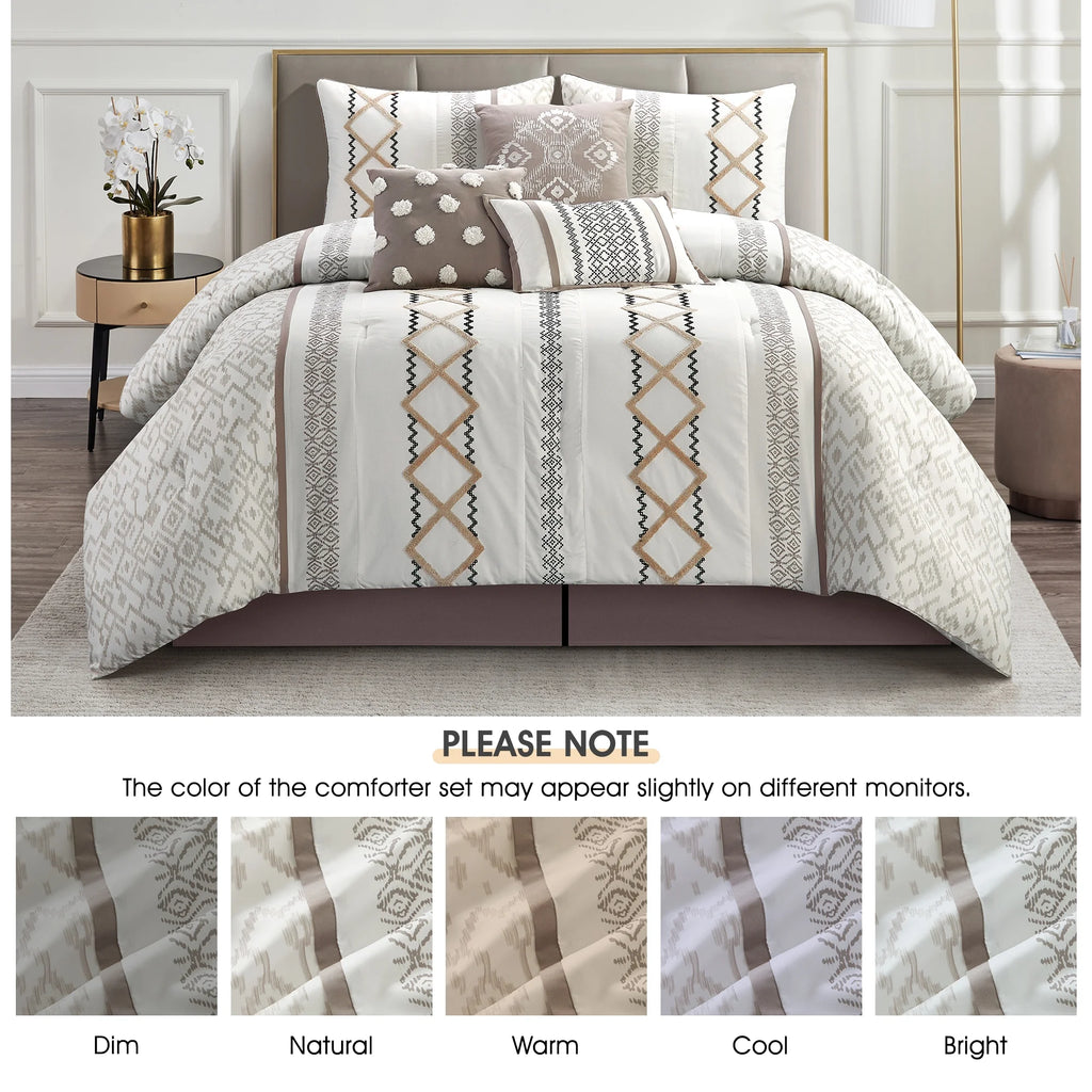 Lanco Luxury 7 Piece Cozy Boho Comforter Set Queen Beige Embroidered Girls Bedding, Premium Microfiber, All Season Home Décor