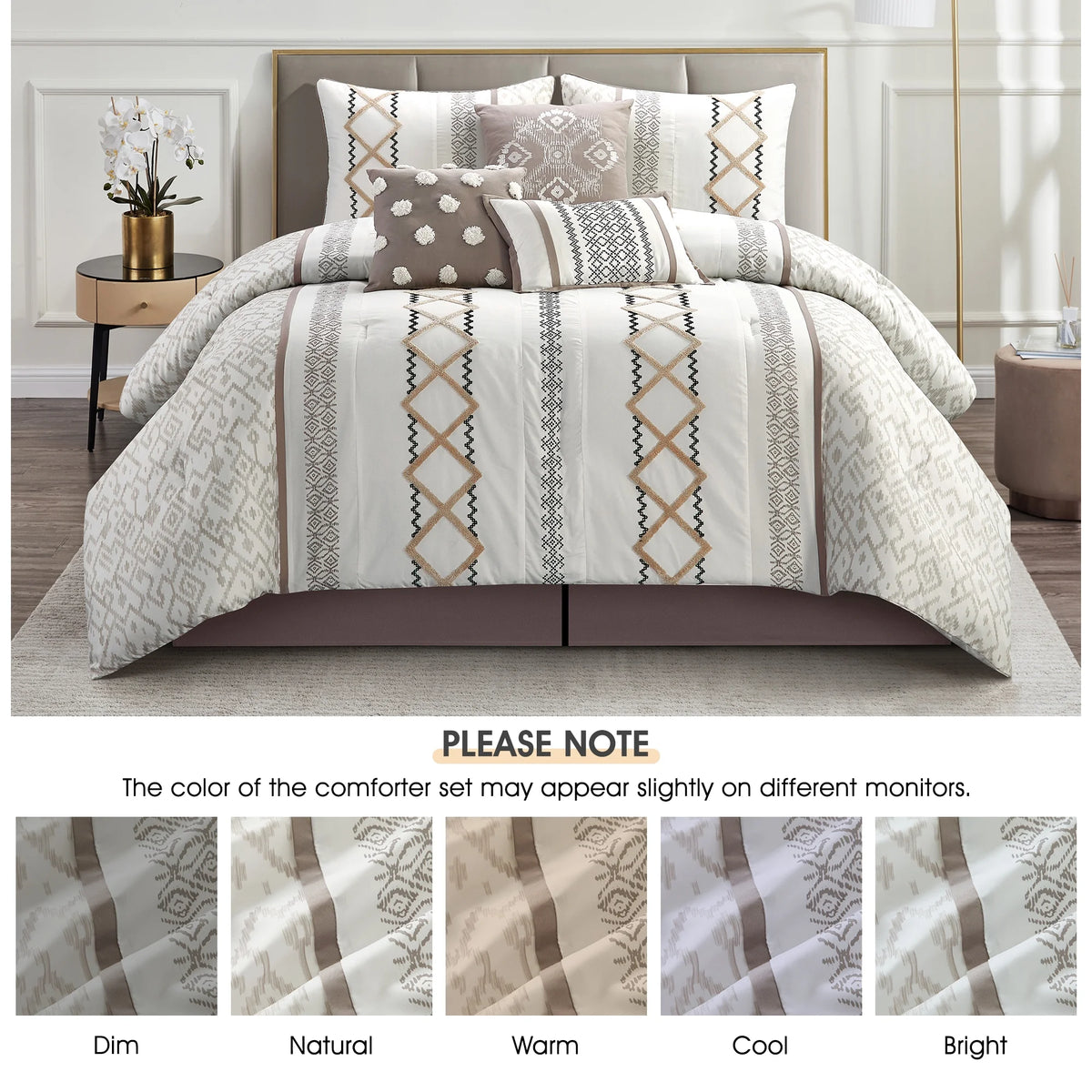 Lanco Luxury 7 Piece Cozy Boho Comforter Set Queen Beige Embroidered Girls Bedding, Premium Microfiber, All Season Home Décor