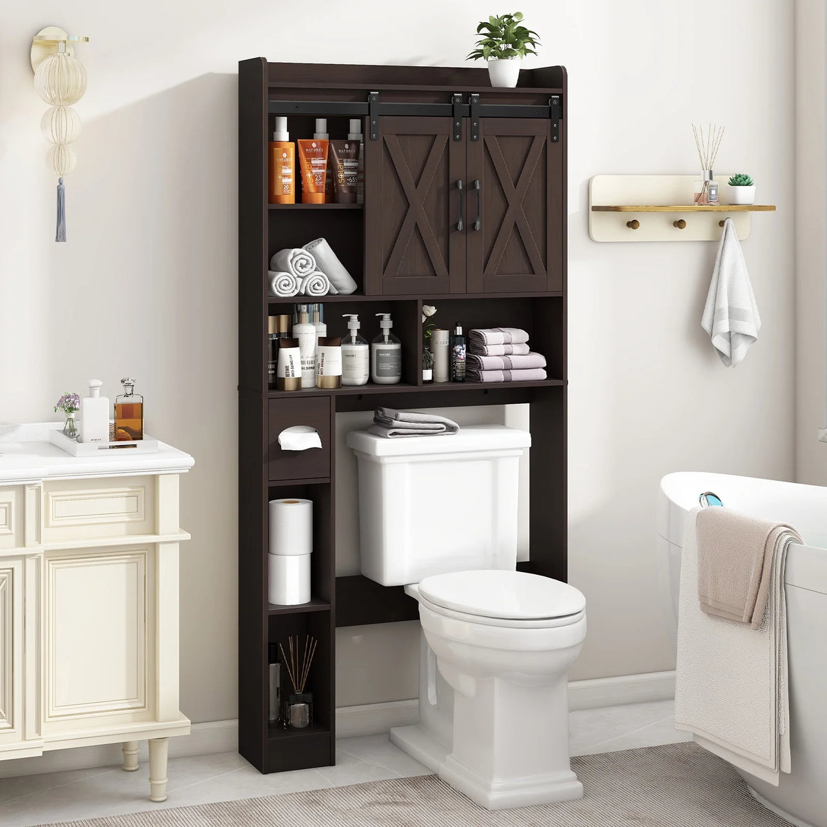 Over The Toilet Storage Cabinet, Farmhouse Storage Cabinet Over Toilet with Sliding Doors��Home Space-Saving Toilet Rack, for Bathroom, Restroom, Laundry