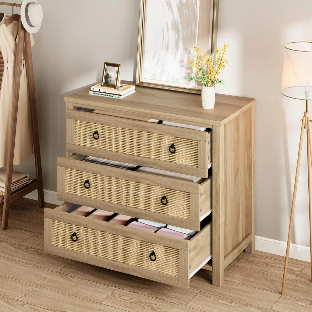 Yeshouse Boho 6-Drawer Dresser with Rattan Accents, Modern Chest of Drawers with Ring Handles & Deep Storage for Bedroom, Living Room