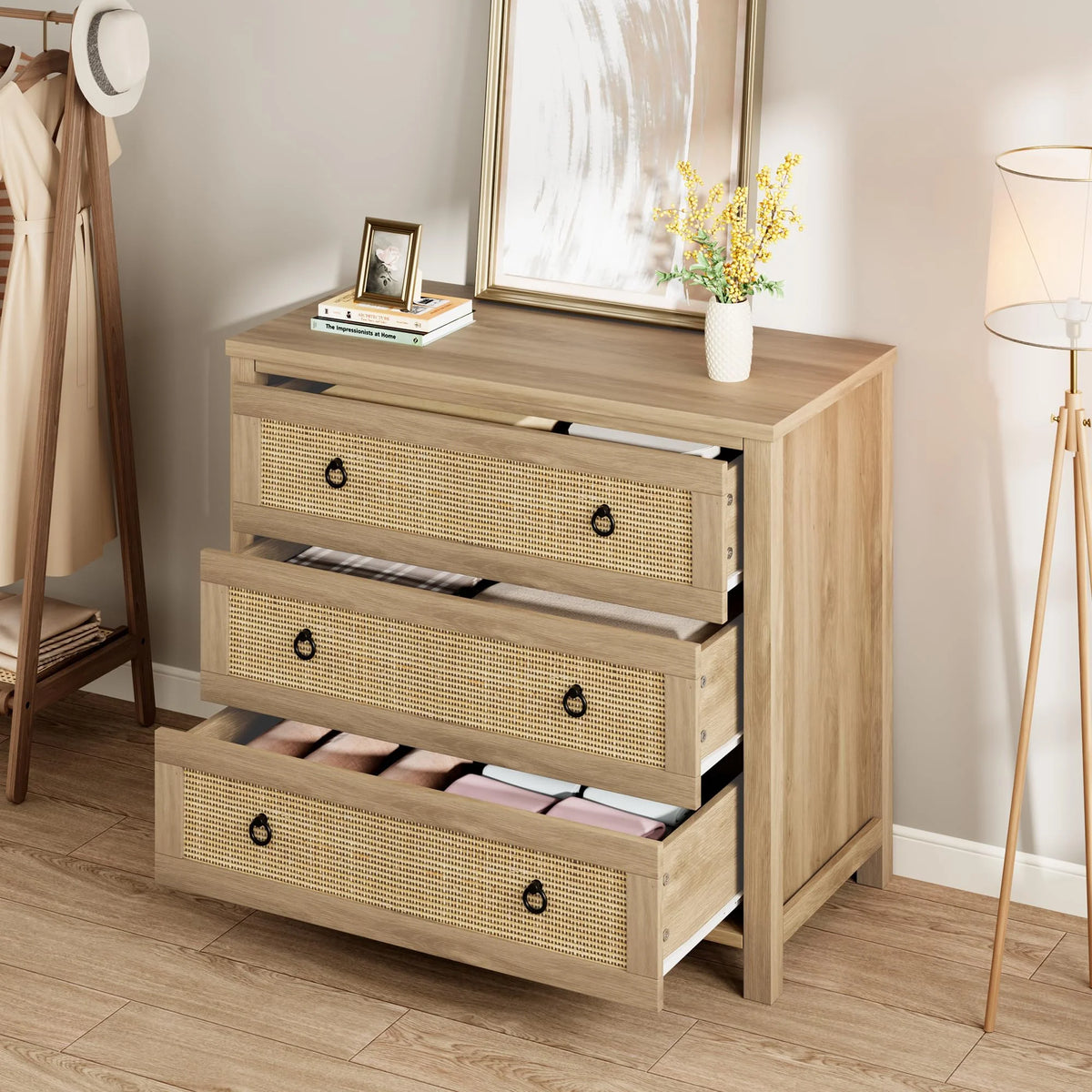 Yeshouse Boho 6-Drawer Dresser with Rattan Accents, Modern Chest of Drawers with Ring Handles & Deep Storage for Bedroom, Living Room