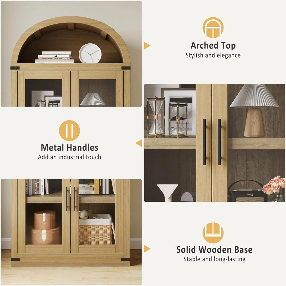 NEILA Arched Bookshelf with Doors - Glass Doors - 15.83 inches deep by 71.4 inches tall rustic ambiance premium wood display cabinet for living room, kitchen and office,Glass Door_Black
