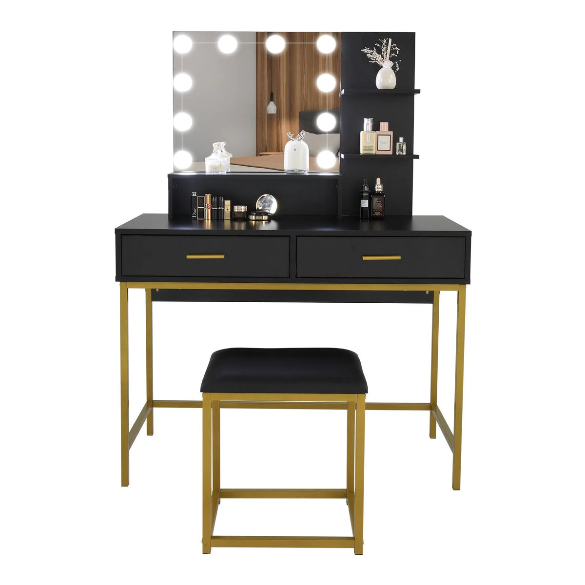 Ktaxon Lighted Makeup Vanity, White Vanity Table Set with 2 Drawer and Charging Station, Femal Gift