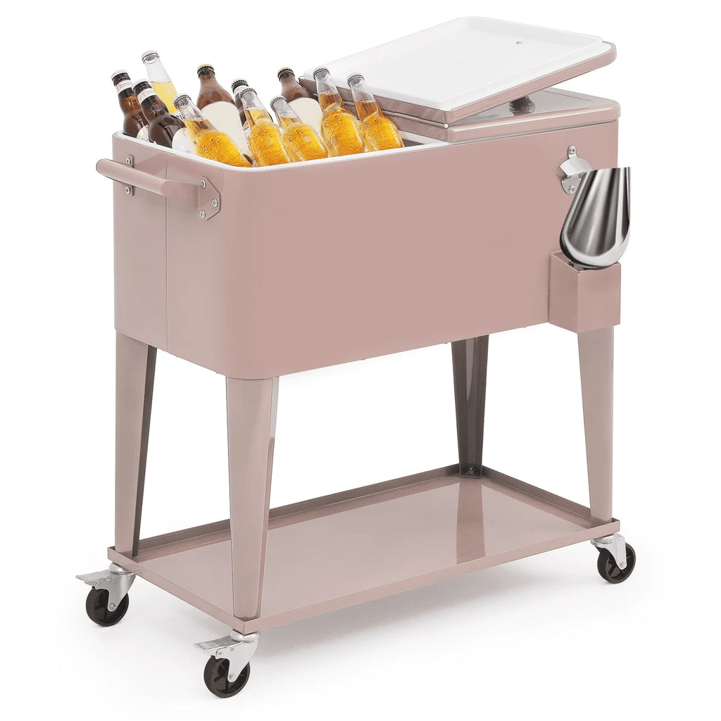 Magshion 80 Quart Rolling Cooler Ice Chest, Portable Bar Cold Drink Beverage Cart Tub, Backyard Cooler Trolley on Wheels with Ice Scoop, Catch Tray & Bottle Opener, Pink