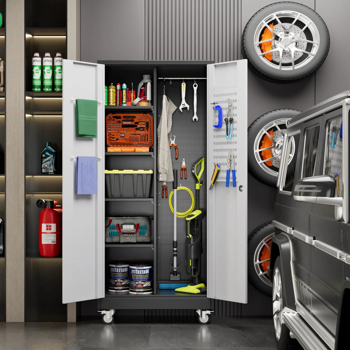 SUPEER 71" Metal Storage Cabinets with Wheels and Pegboards, Industrial Cabinet with 2 Drawers and 2 Adjustable Shelves,, Assembly Required