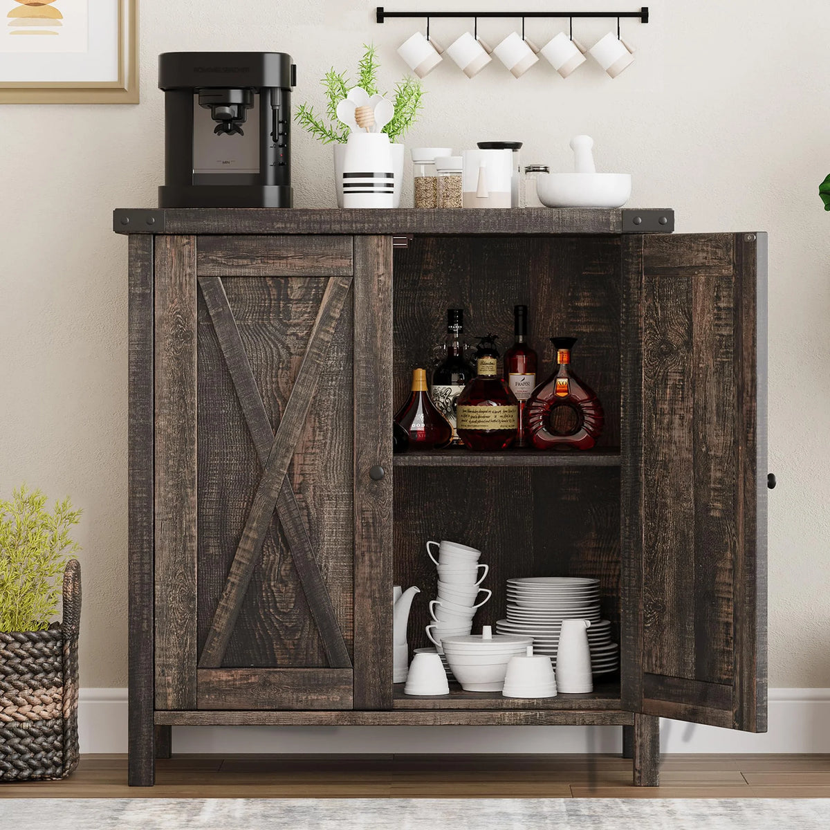 Coffee Bar Cabinet with Storage/Adjustable Shelf 30" Small Kitchen Bar Table Corner Bar Cabinet for Tea Buffet Sideboard Cabinet for Dining Room, Farmhouse Coffee Station for Wine