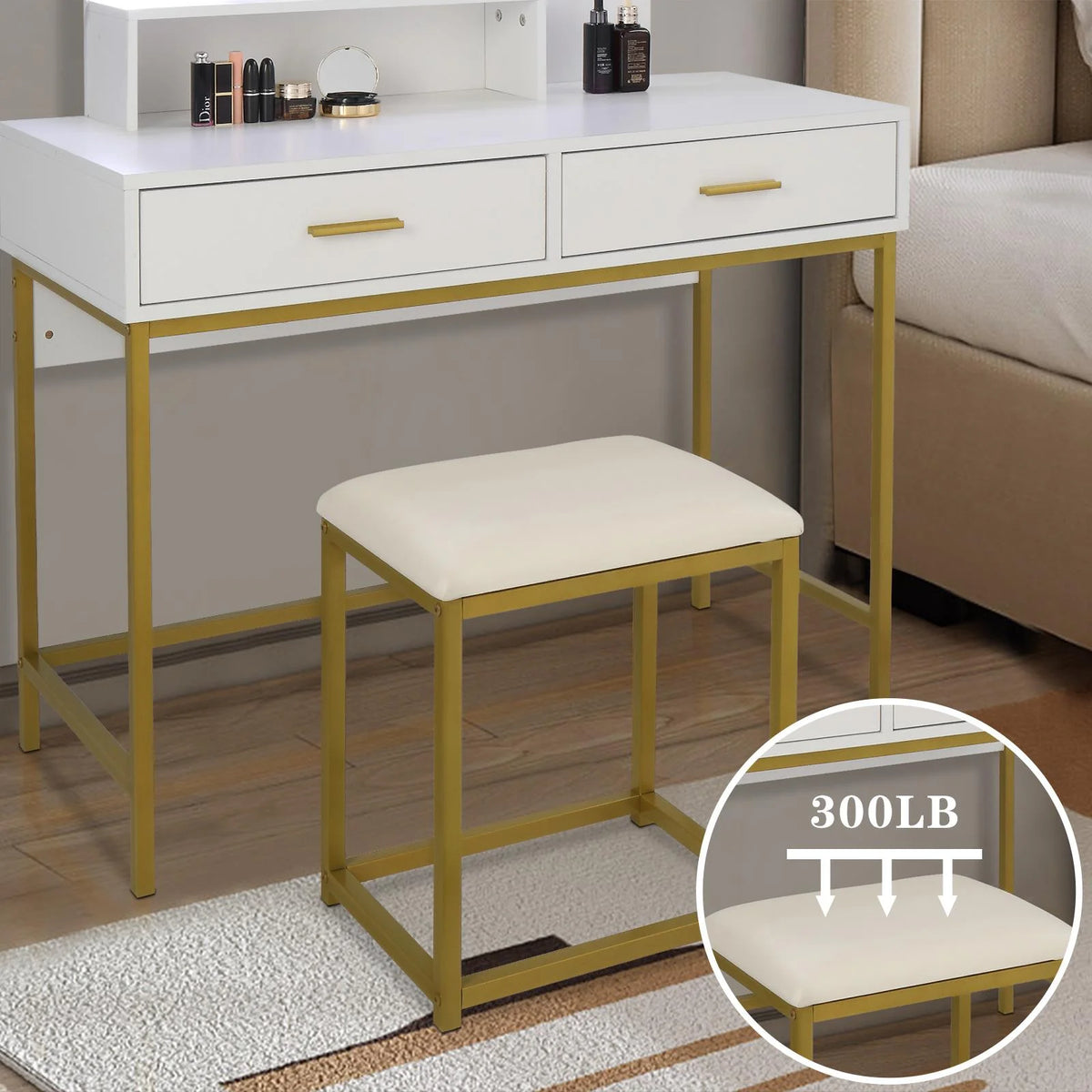 Ktaxon Lighted Makeup Vanity, White Vanity Table Set with 2 Drawer and Charging Station, Femal Gift