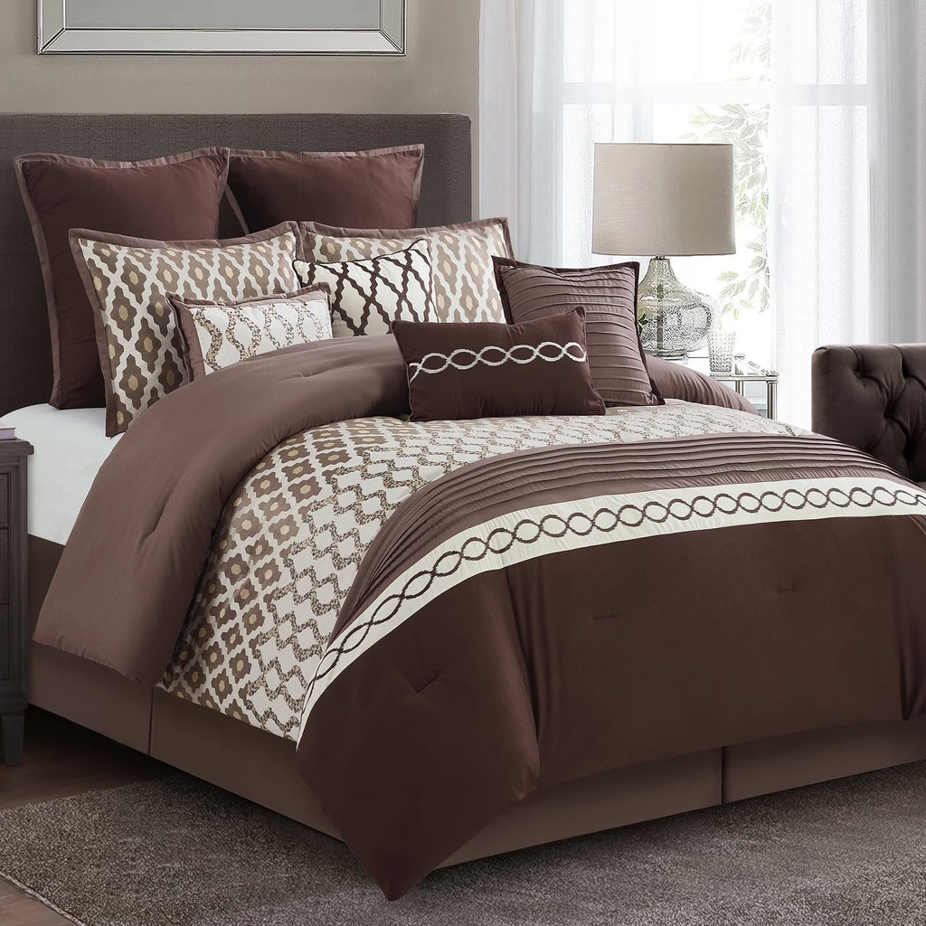 LANCO MODERN LIFESTYLE King Size Comforter Set, Burgundy, 10 Piece Bed in a Bag for All Seasons, Luxury Extreme Comfort Bedding Sets with Bedskirt, Pillow Shams, Euro Shams and Decor Pillows