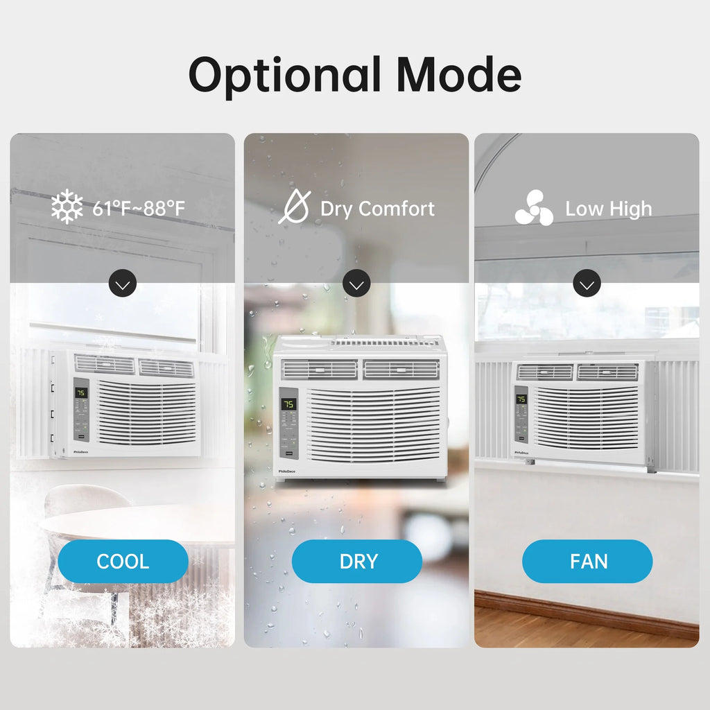 Window Air Conditioner 6000 BTU  Cool to 250 sq ft Intelligent, LED,Remote Control, Easy to Clean Filter Screen, Can Be Used as a Dehumidifier/Fan, Operates Quietly, and is Energy-Saving