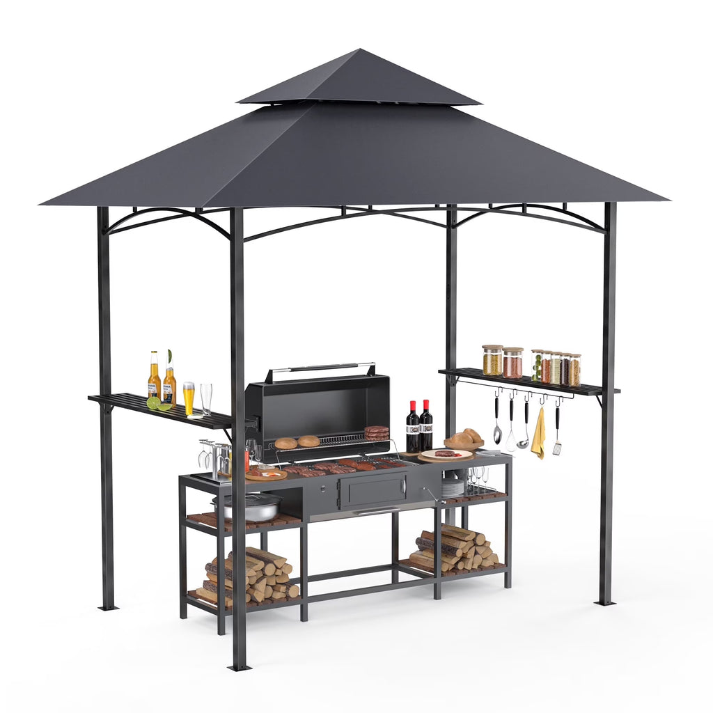 GVDV 8'x 5' Grill Gazebo Canopy, Outdoor BBQ Gazebo Shelter with 2 Side Shelves & Double-Tiered Top