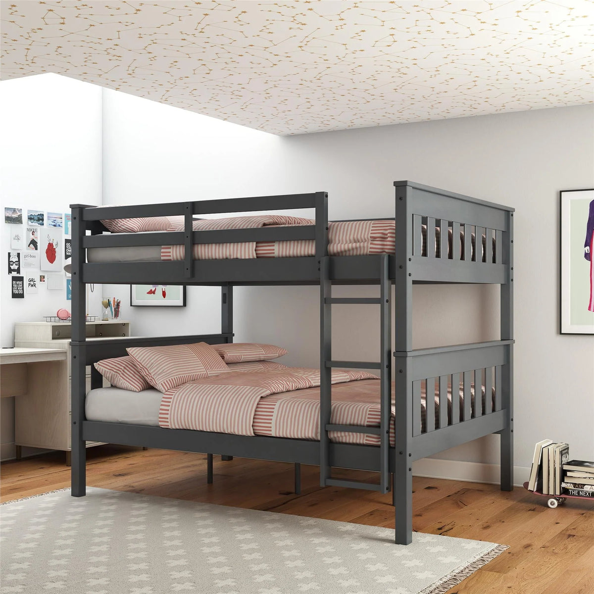 Teen Novogratz Max Full-Over-Full Wood Bunk Bed with USB Port, Gray