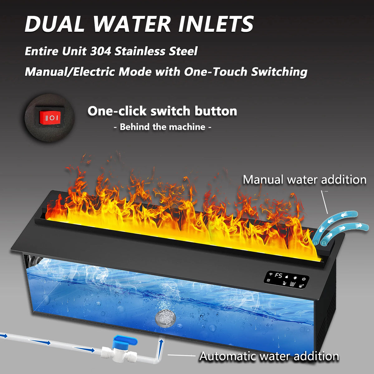 31.5-inch Water Vapor Fireplac with Dual-mode Water Supply System,Vapor Fireplace with 3D Realistic Flame,Electric Fireplace with Remote/Touch Control for Timer,Dimmable