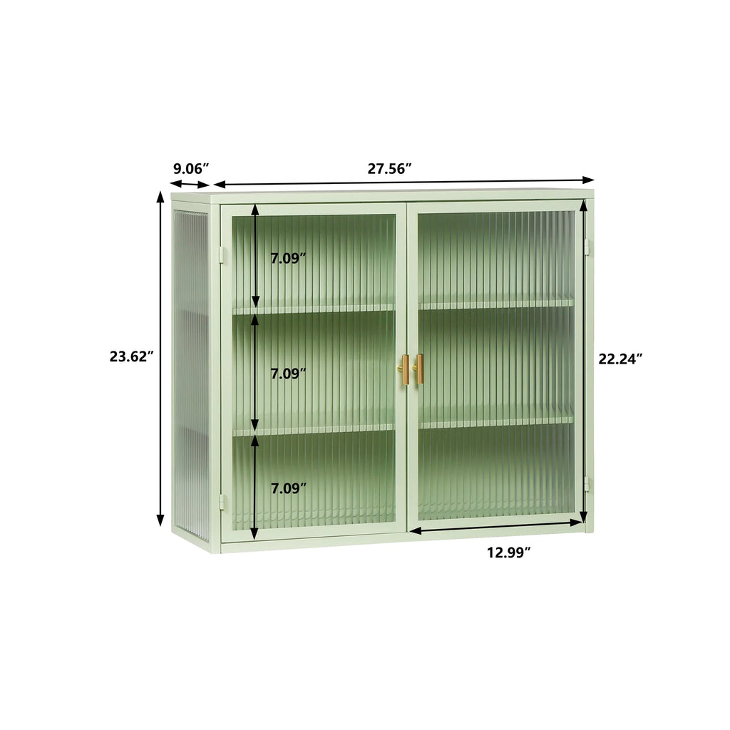 27.56"Modern Wall Cabinet with Glass Doors, Bathroom Cabinet with Featuring Three-tier Storage for Entryway Living Room, Bathroom or Dining Room, Mint Green
