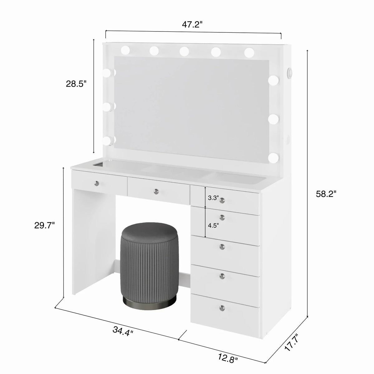 Ember Interiors Modern Large Greige Makeup Vanity Desk with Built-in Lights, Power Outlet with USB Type-C, Glass Top, 7 Drawers and Crystal Knobs
