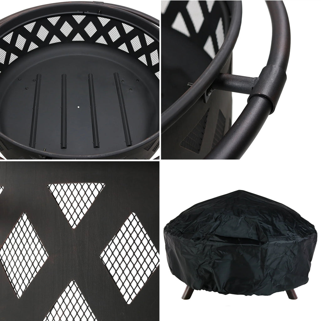 Sunnydaze Outdoor Camping or Backyard Round Crossweave Cut Out Fire Pit with Spark Screen, Log Poker, and Cover - 36"
