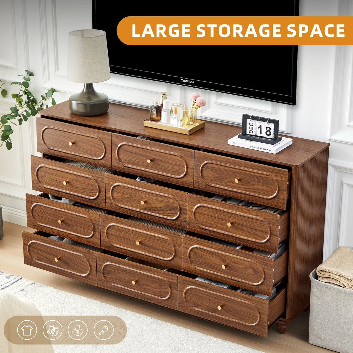 YOCWO 3 Drawer Nightstand, Classic Chest of Drawers with Arc Edge, Walnut