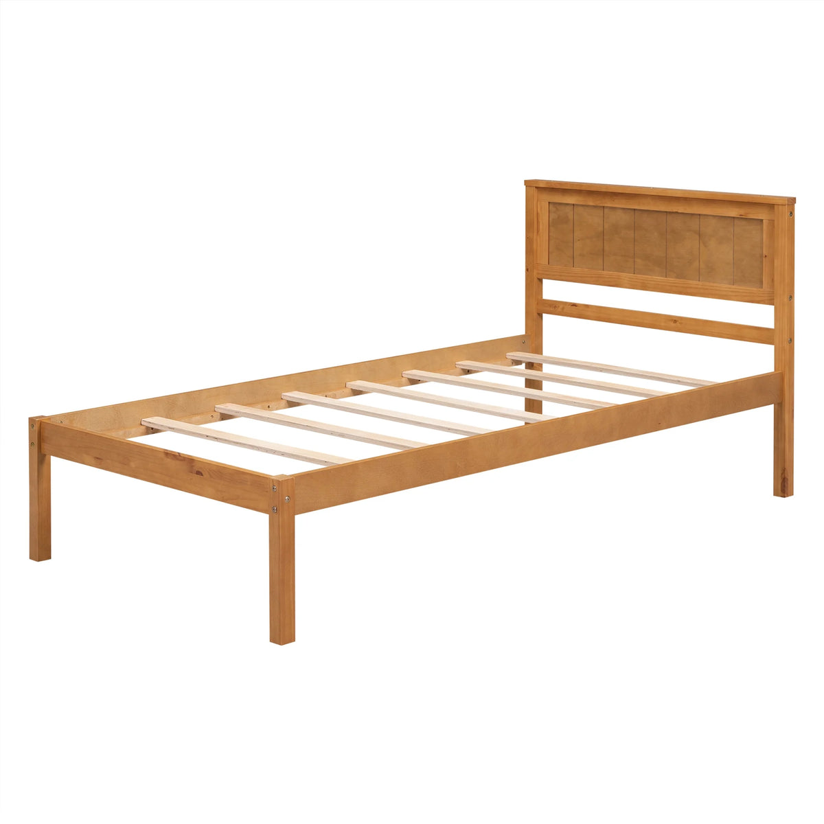 Euroco Twin Platform Bed, Modern Wood Frame Bed with Headboard and Slats for Kids Room, Oak
