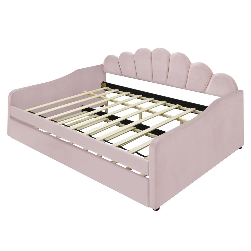 EUROCO Upholstery Full Size Platform Bed, Upholstered Daybed with Headboard and Trundle, Beige