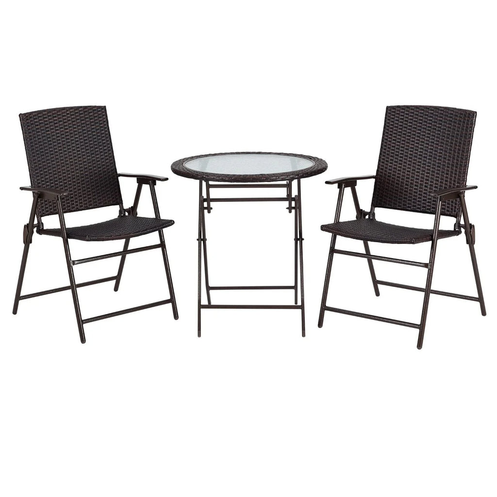 Ulax Furniture 3 Pieces Wicker Folding Bistro Set, Balcony Table and Chairs Sets, Garden Backyard Furniture