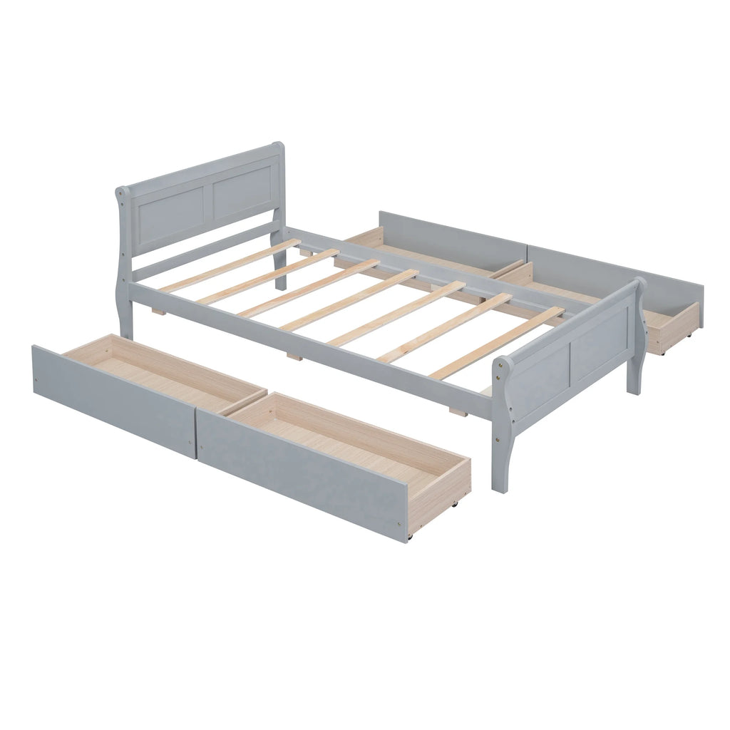 Full Size Wood Platform Bed with 4 Drawers,Storage Bed Frame with Streamlined Headboard and Footboard for Kids, Teens, Boys, Girls,Wooden Slats Support, No Box Spring Needed,Oak