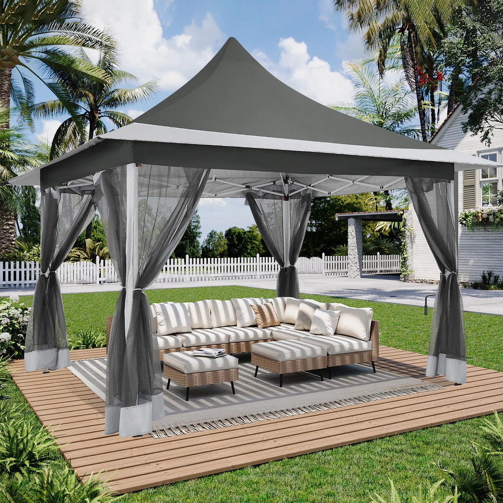 COBIZI 12x12 Outdoor Gazebo Pop Up Gazebo Canopy with Mosquito Netting Patio Tent Backyard Canopy with 2-Tiered Vented Top 3 Adjustable Height, Beige
