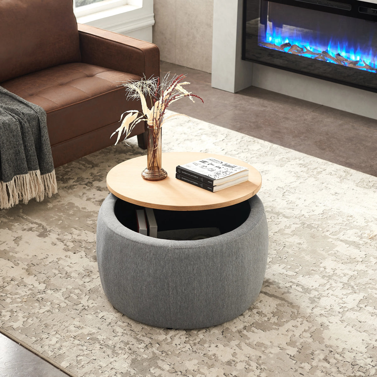BTMWAYRound Coffee Table, 2 in 1 Round Storage Ottoman with Reversible Lid Tray, Upholstered Round Storage Ottoman Coffee Table with Storage, Footstool End Table for Living Room, Bedroom, Light Gray