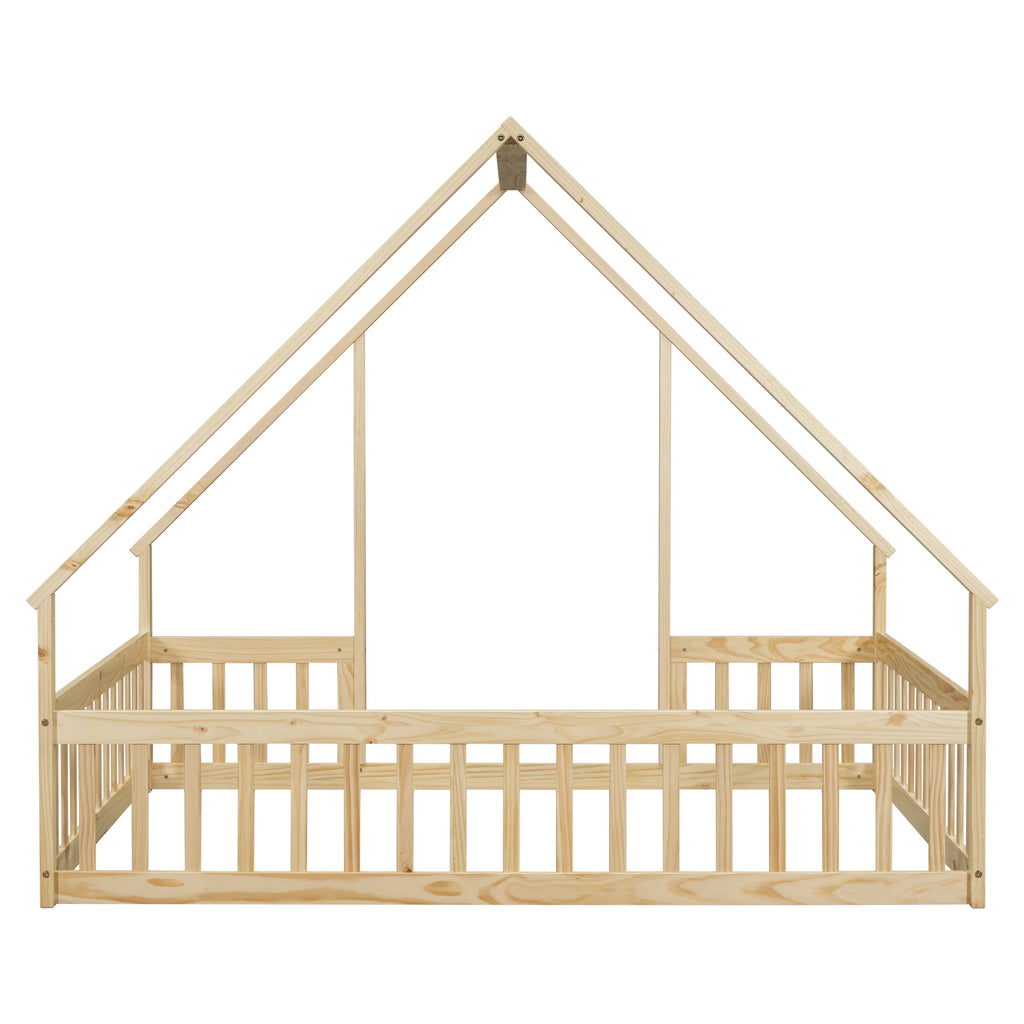 Bellemave Twin Size Floor Bed Frame, Wooden House Bed Twin Size with Fence, Montessori Bed with Guardrails for Bedroom (White)