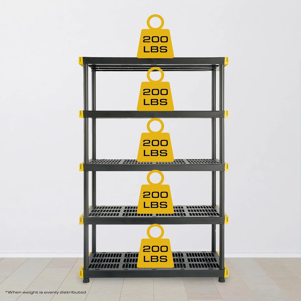 Black & Yellow, 5-Tier Heavy Duty Plastic Storage Shelving Unit, 200lbs/shelf (72��H x 48��W x 20��D), for Indoor/Outdoor Organization, Modular Rack