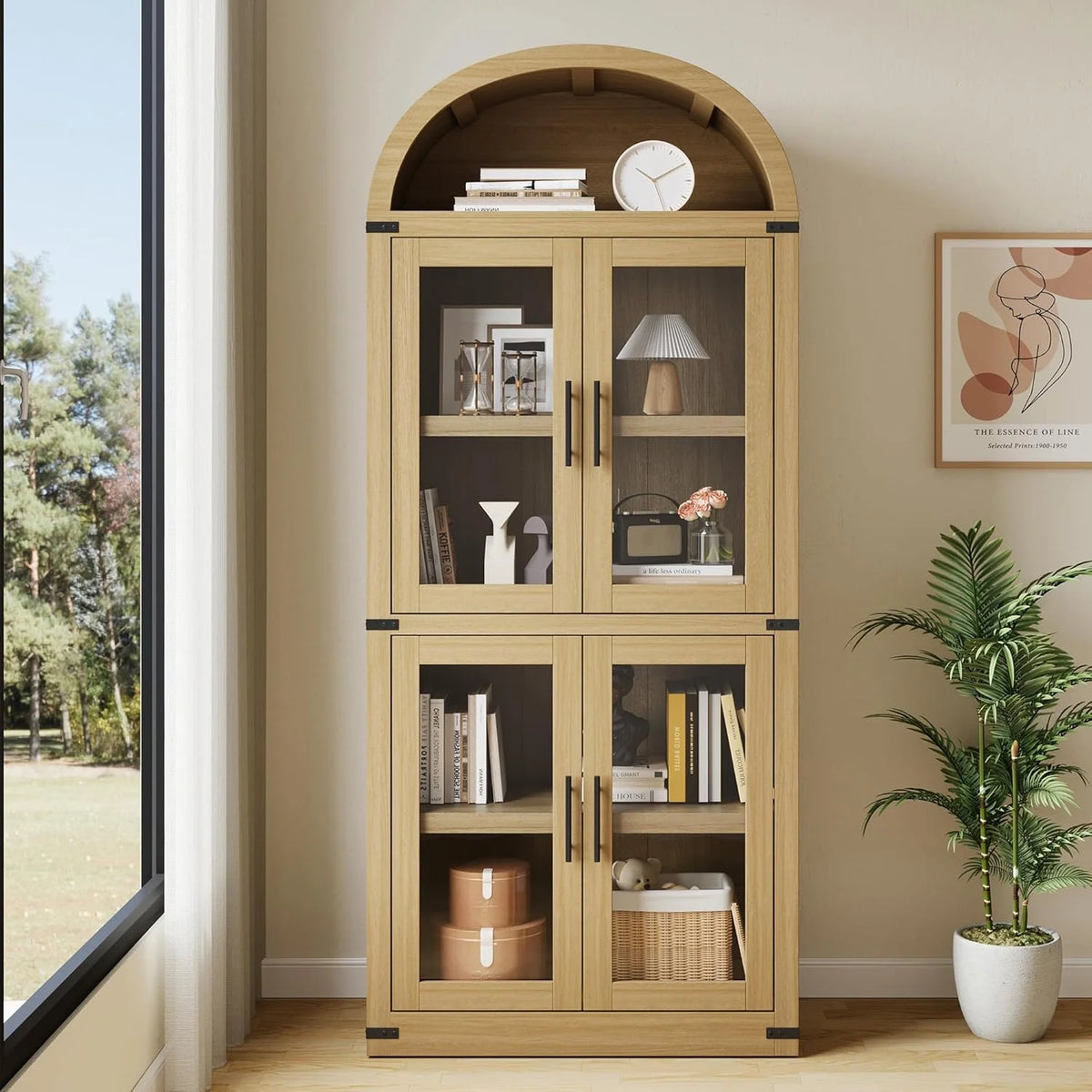 NEILA Arched Bookshelf with Doors - Glass Doors - 15.83 inches deep by 71.4 inches tall rustic ambiance premium wood display cabinet for living room, kitchen and office,Glass Door_Black