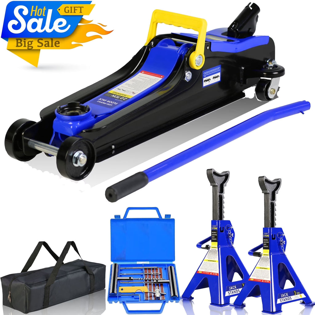 POVANLI Floor Jack, 2 Ton Low Profile Floor Jack, 3t jack stand Tire Repair Kit Heavy Duty Steel Racing Floor Jack with Single Piston Quick Lift Pump, Floor Jack Lifting Range 3.3"-15.2"