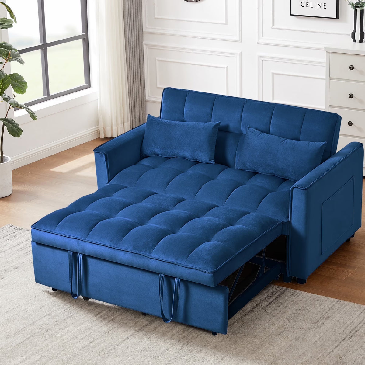 BINBANK Black Velvet 3-in-1 Convertible Sleeper Sofa Bed a?? USB Charging, Adjustable Backrest Pull-Out Futon Loveseat Couch for Living Room, Apartment & Small Space