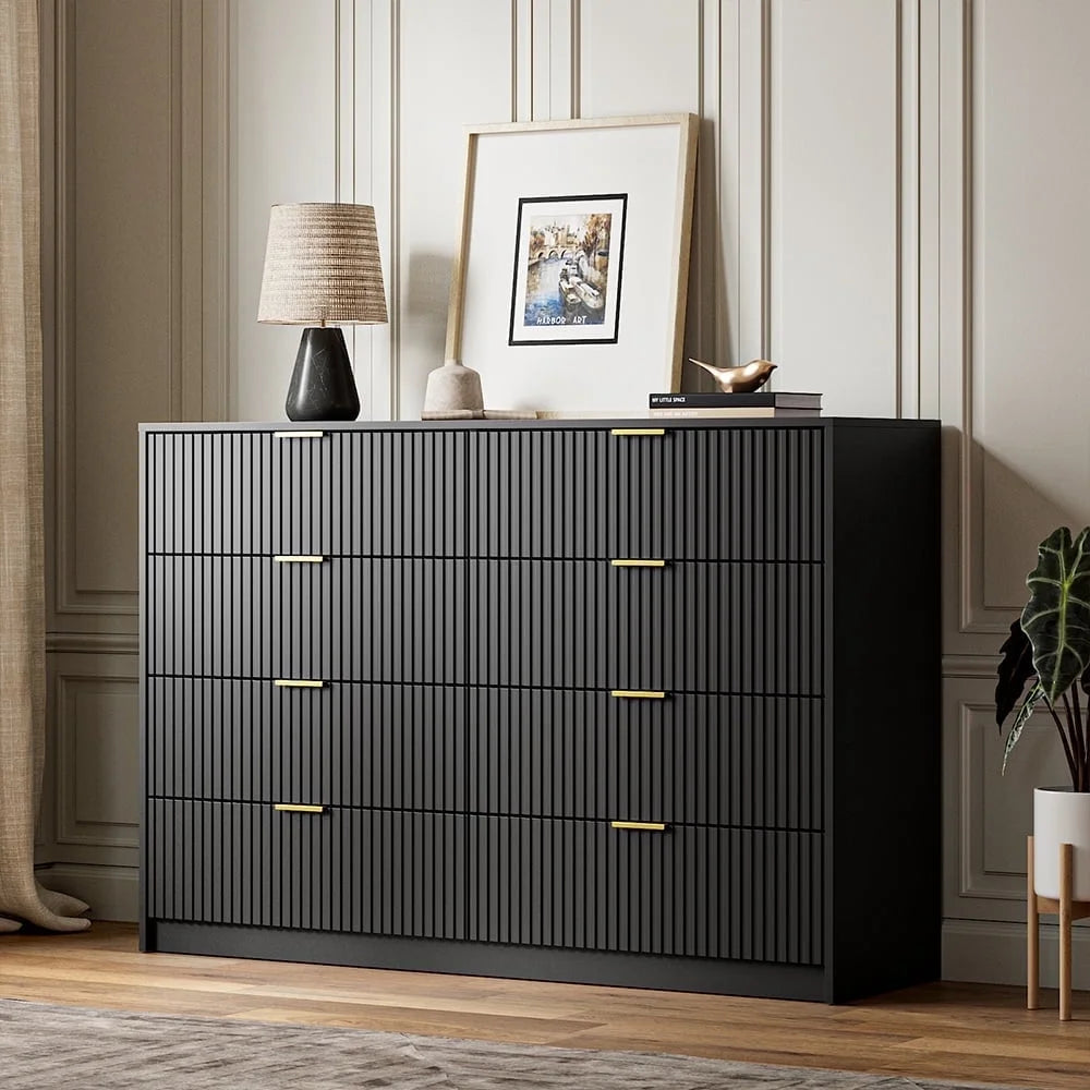 Furniway Black Dresser for Bedroom, 8 Drawer Double Dresser, Modern Chest of Drawers for Bedroom, Living Room, Entryway and Closet, 55" L x 15.7" D x 37.4" H