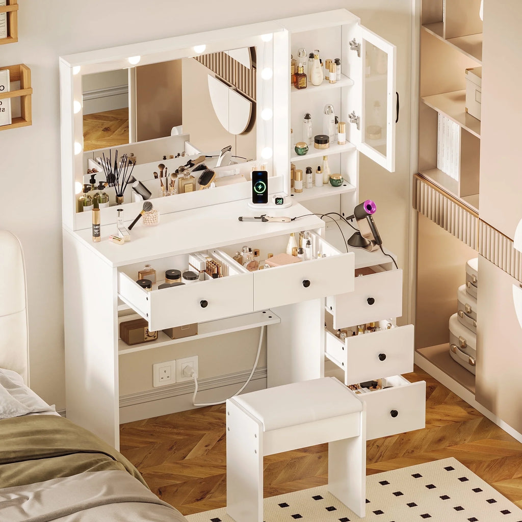 UGTOO 58.3" White Vanity Desk with Mirror, Adjustable Lighting, Power Outlet, Drawers, with Stool