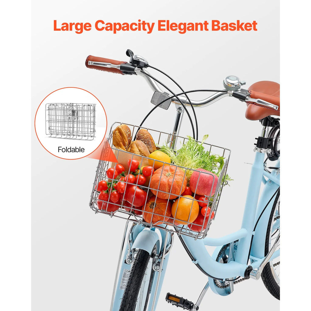 KFFKFF 26" Cruiser Bike, 7-Speed,Pale Blue Coastal Riding Bike with Spacious Basket and Back Stand, Safe & Robust Bicycle with Modifiable Saddle