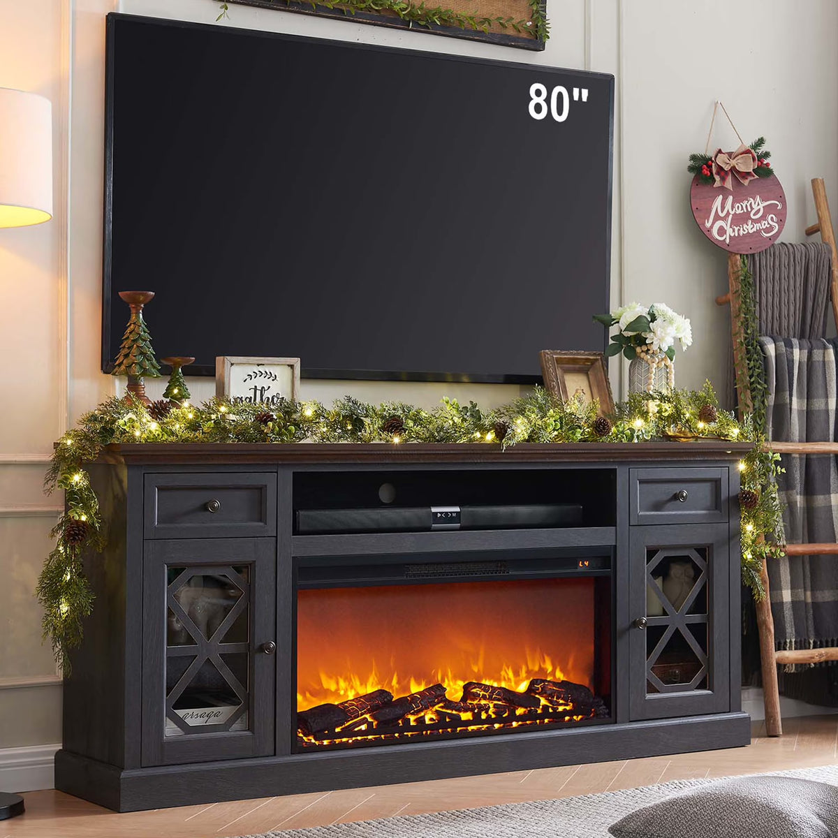 SinCiDo Farmhouse Fireplace TV Stand 75 Inch, Electric Fireplace TV Stand Up to 80 Inch TVs, Entertainment Center with Fireplace for Living Room