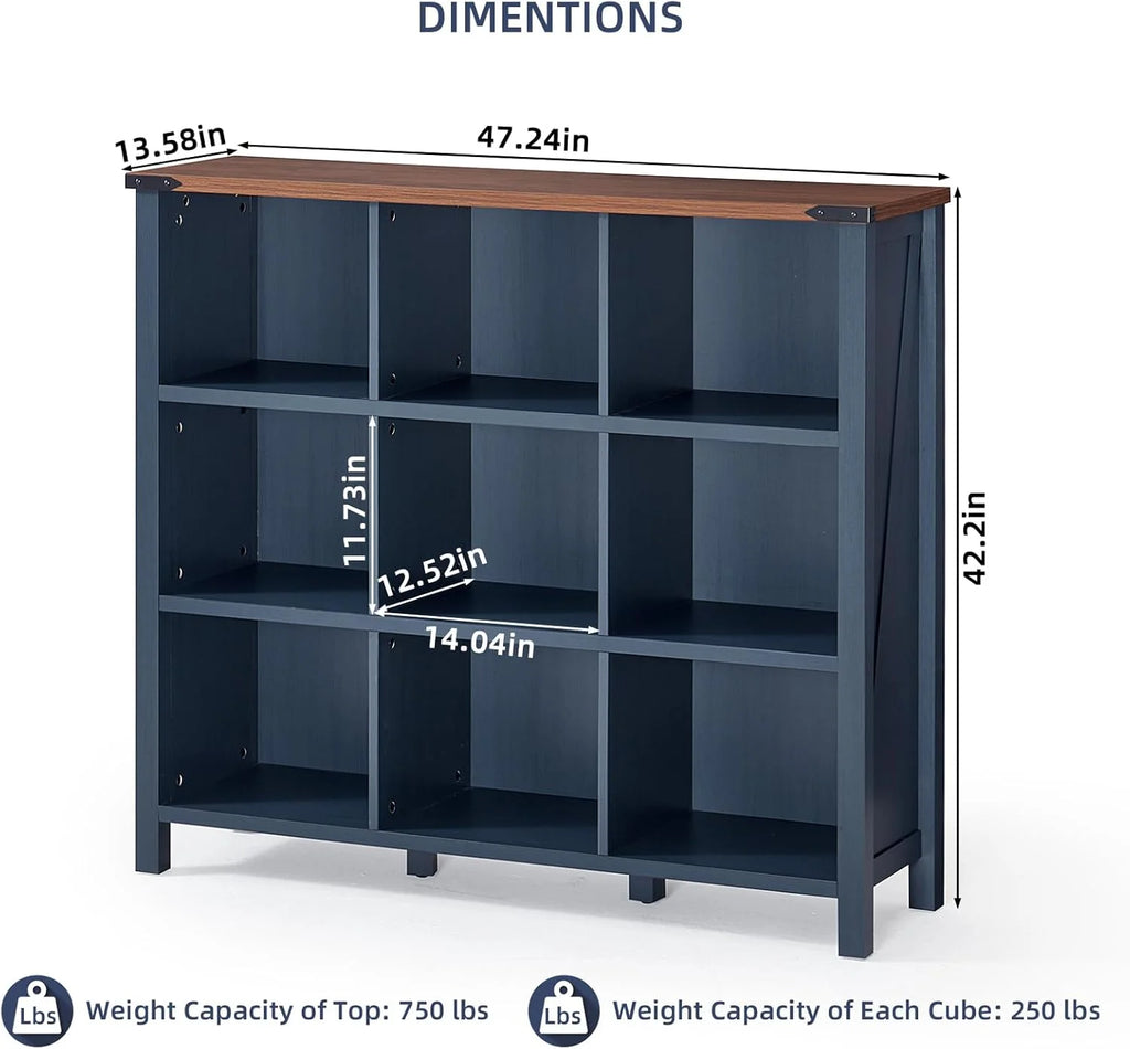 9 Cube Bookcase, Farmhouse 47 Inch Wide Navy Blue Bookshelf, Wooden 3 Tier Display Large Open Book Shelf, Vintage Horizontal Book Case for Home Office, Cubby Storage Cabinet for Living Room