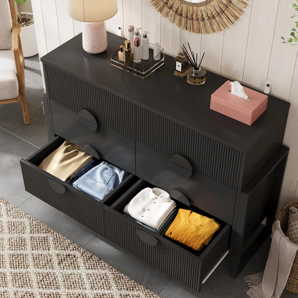 LGHM 3 Piece Bedroom Dresser and Nightstand Set, Fluted Wide Chest of Drawers, Bed Side Table End Table with LED Lights for Living Room, Black